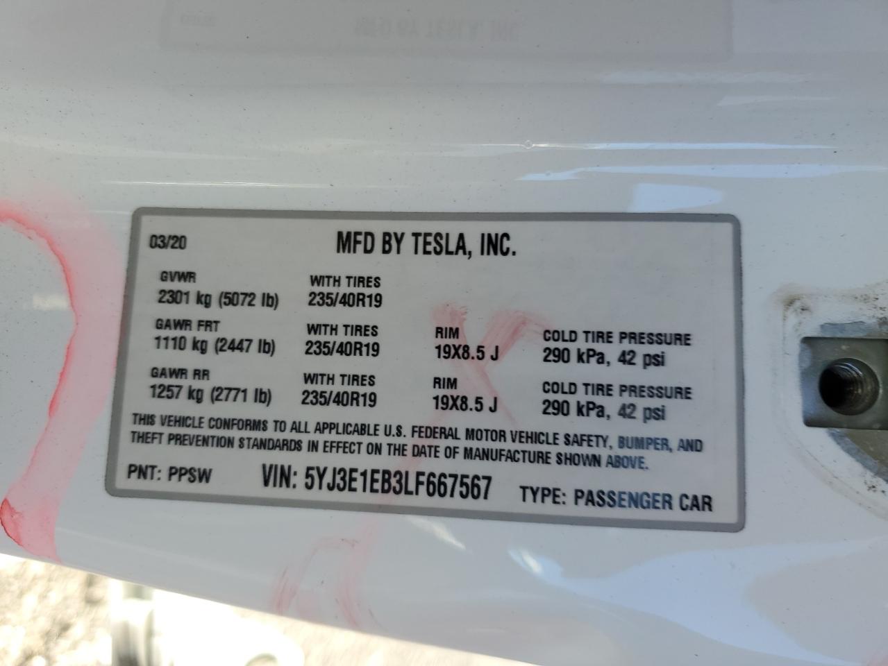 2020 Tesla Model 3 VIN: 5YJ3E1EB3LF667567 Lot: 93684885