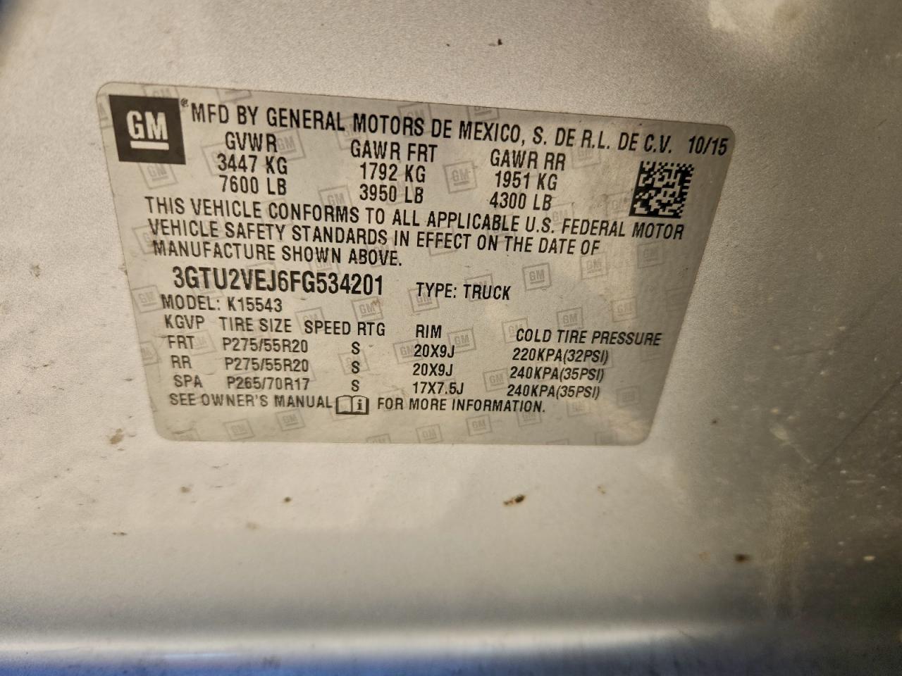 2015 GMC Sierra K1500 Slt VIN: 3GTU2VEJ6FG534201 Lot: 93490495