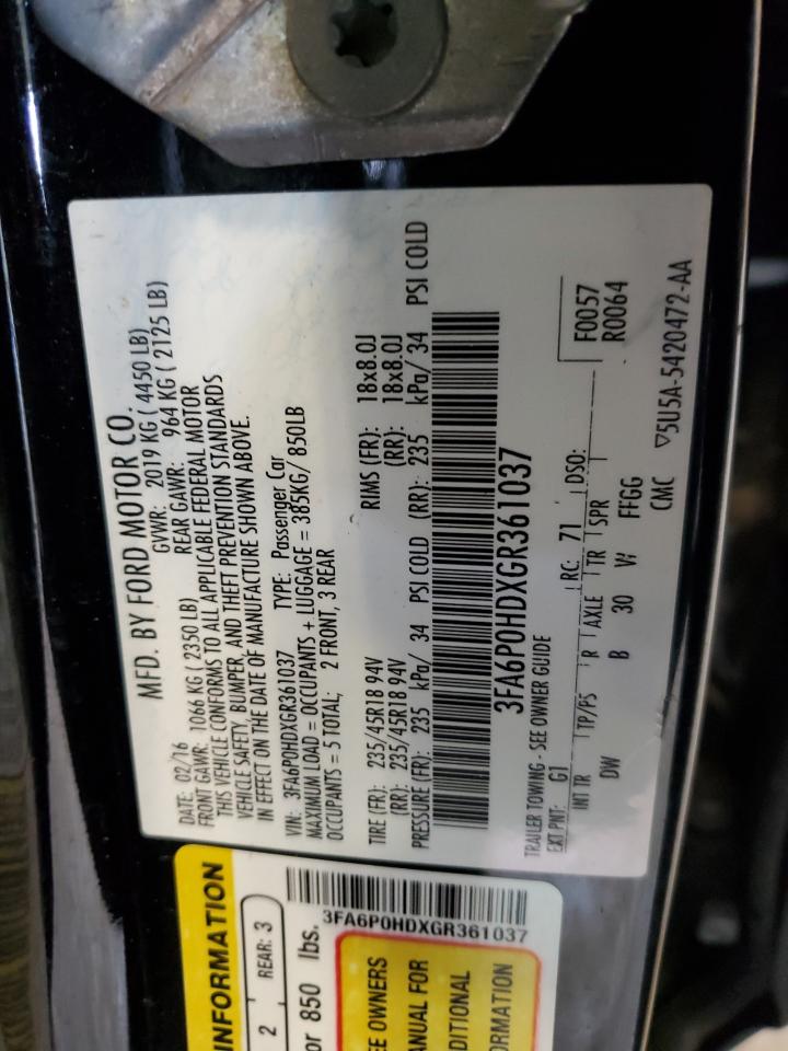 2016 Ford Fusion Se VIN: 3FA6P0HDXGR361037 Lot: 92032675