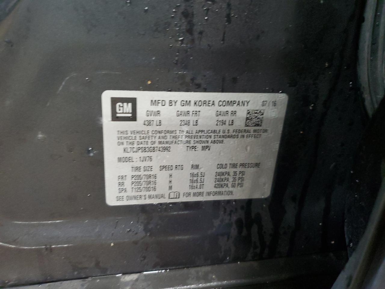 2016 Chevrolet Trax 1Lt VIN: KL7CJPSB3GB743992 Lot: 92197125