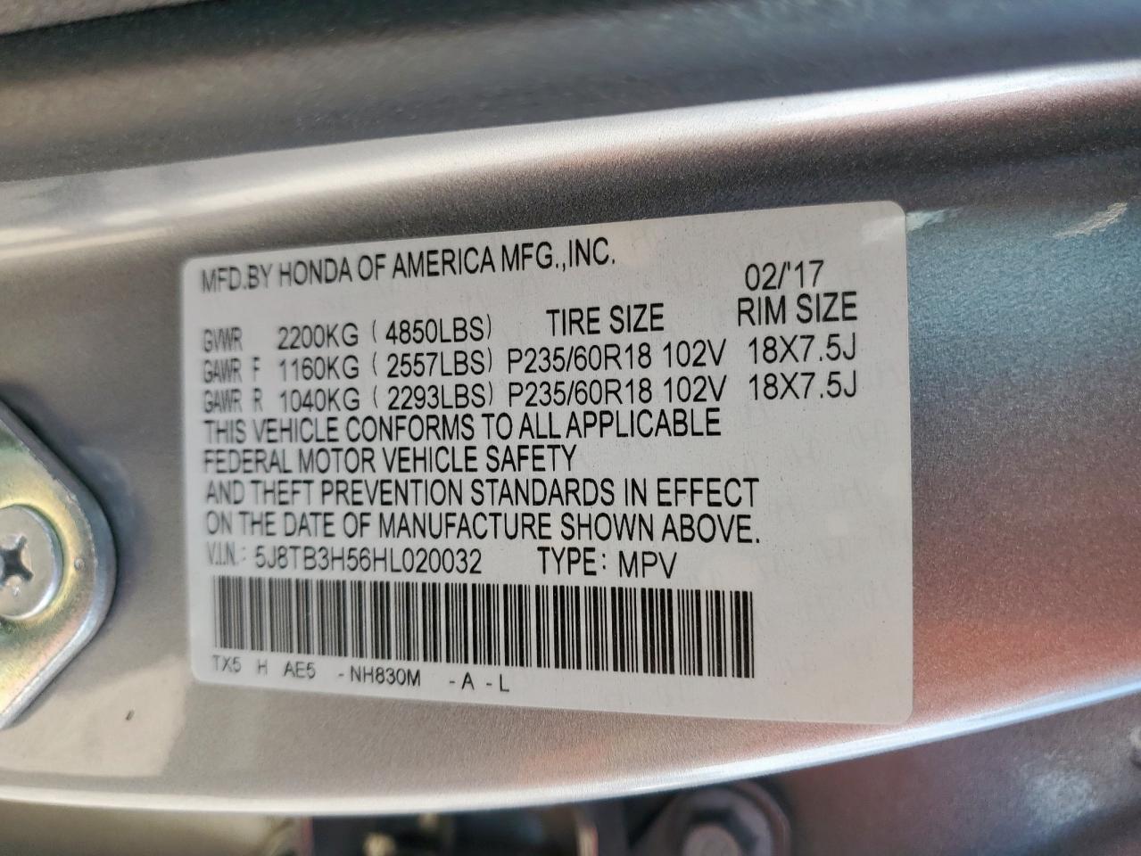 2017 Acura Rdx Technology VIN: 5J8TB3H56HL020032 Lot: 94131785