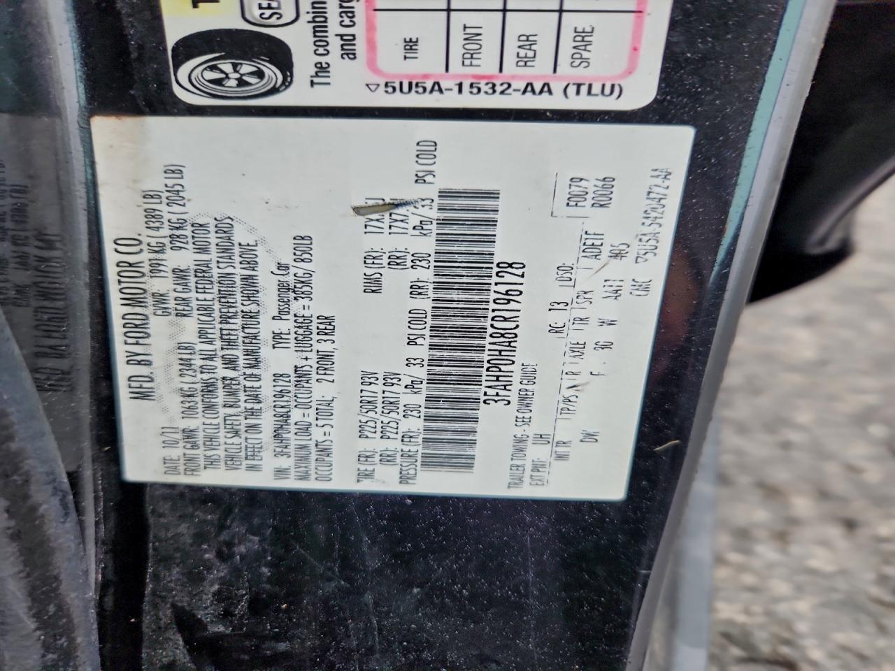 2012 Ford Fusion Se VIN: 3FAHP0HA8CR196128 Lot: 94173115