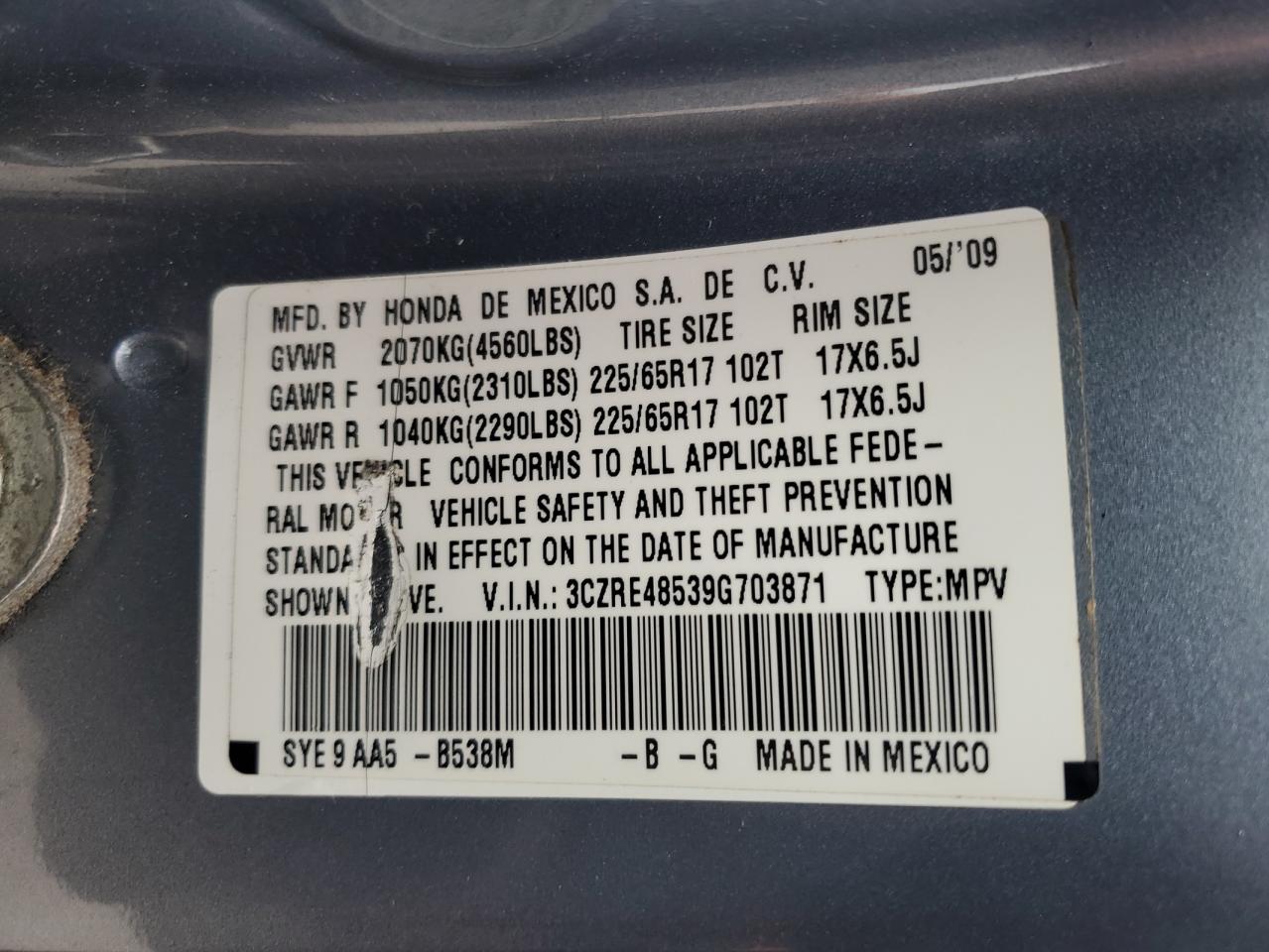 2009 Honda Cr-V Ex VIN: 3CZRE48539G703871 Lot: 90728805