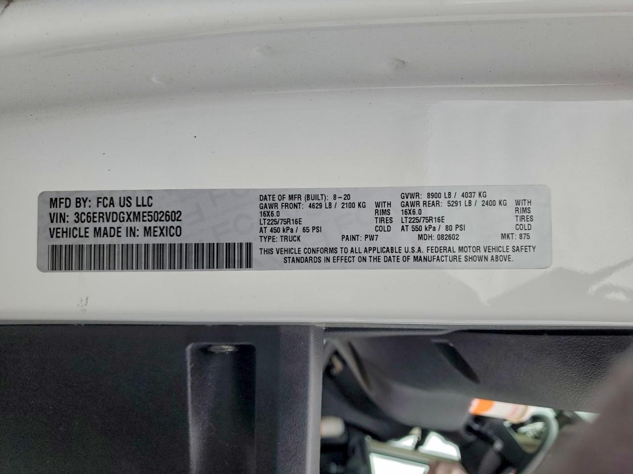 2021 Ram Promaster 2500 2500 High VIN: 3C6ERVDGXME502602 Lot: 94087215