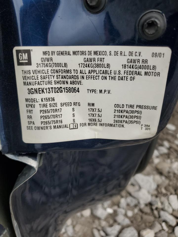 2002 Chevrolet Avalanche K1500 VIN: 3GNEK13T02G158064 Lot: 93657115