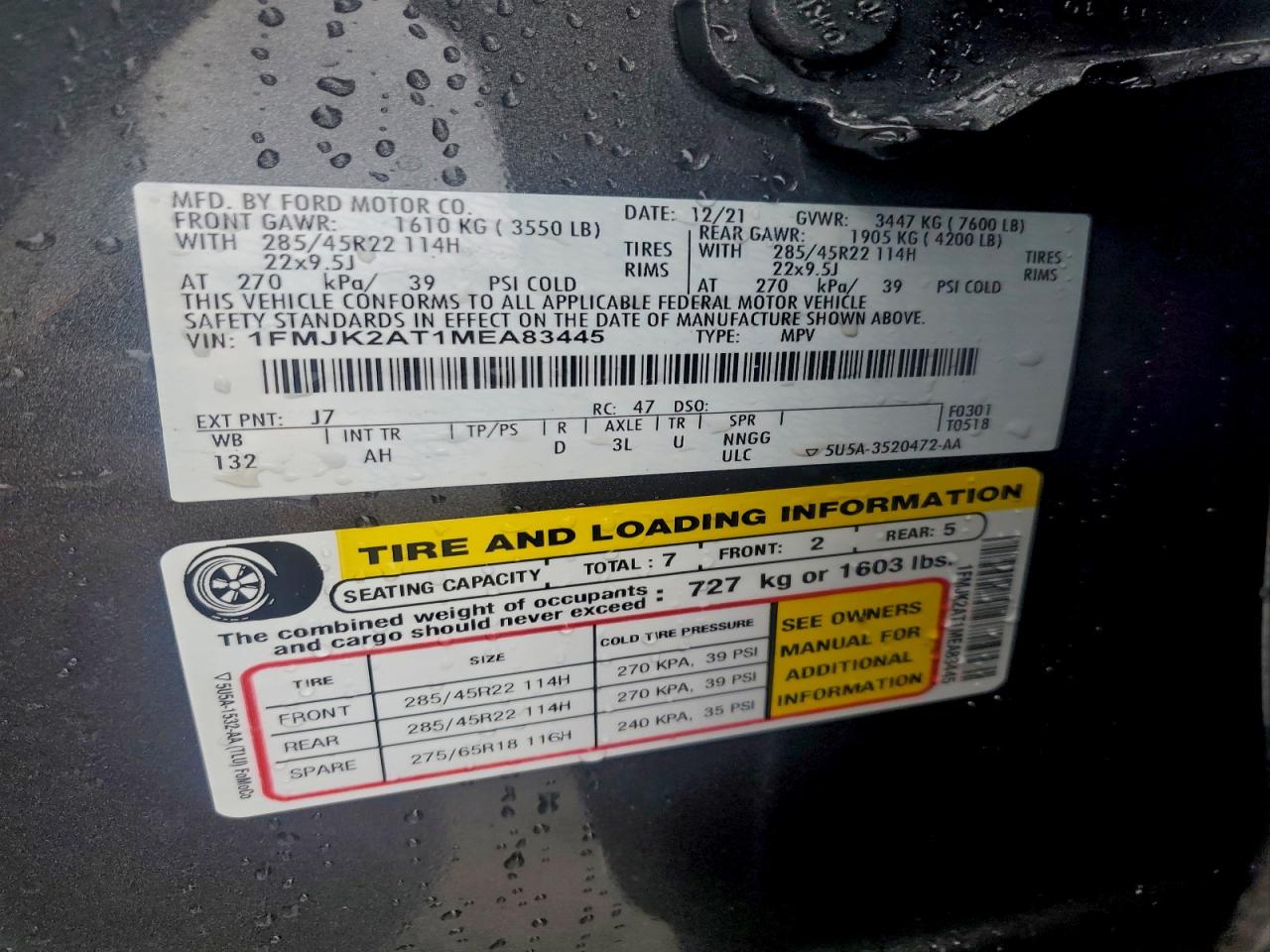 2021 Ford Expedition Max Limited VIN: 1FMJK2AT1MEA83445 Lot: 94466895