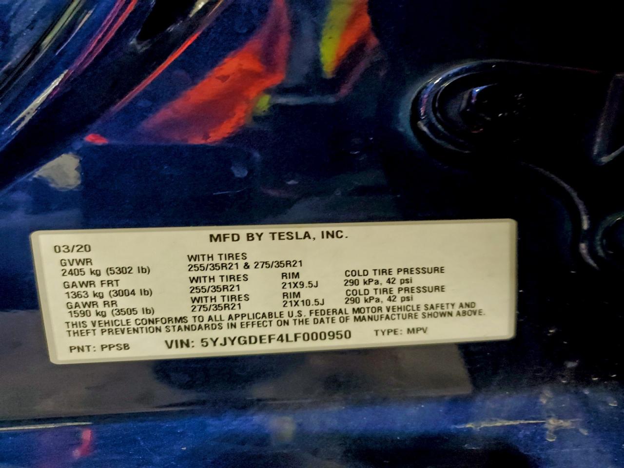 2020 Tesla Model Y VIN: 5YJYGDEF4LF000950 Lot: 94412305