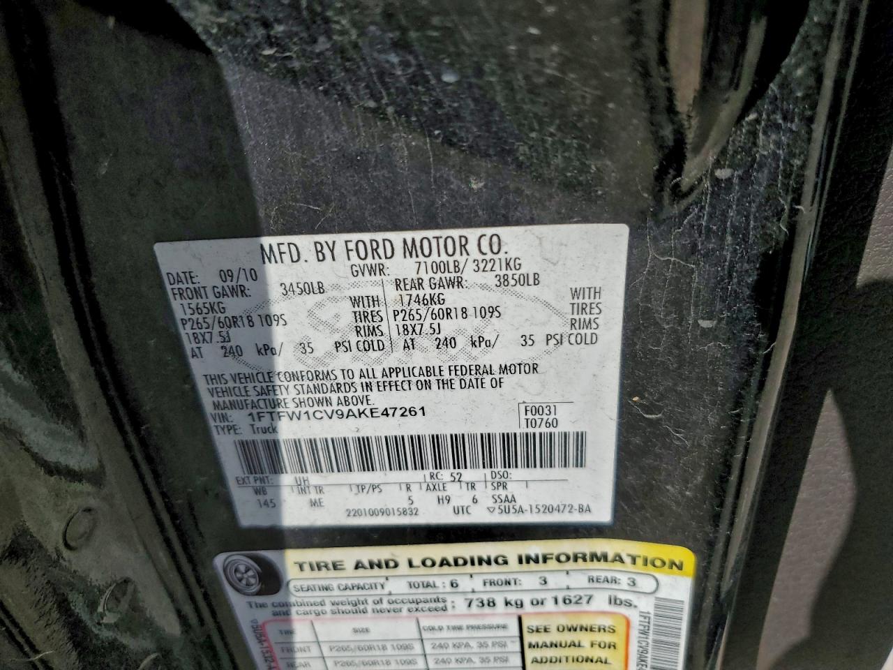 2010 Ford F150 Supercrew VIN: 1FTFW1CV9AKE47261 Lot: 94405275