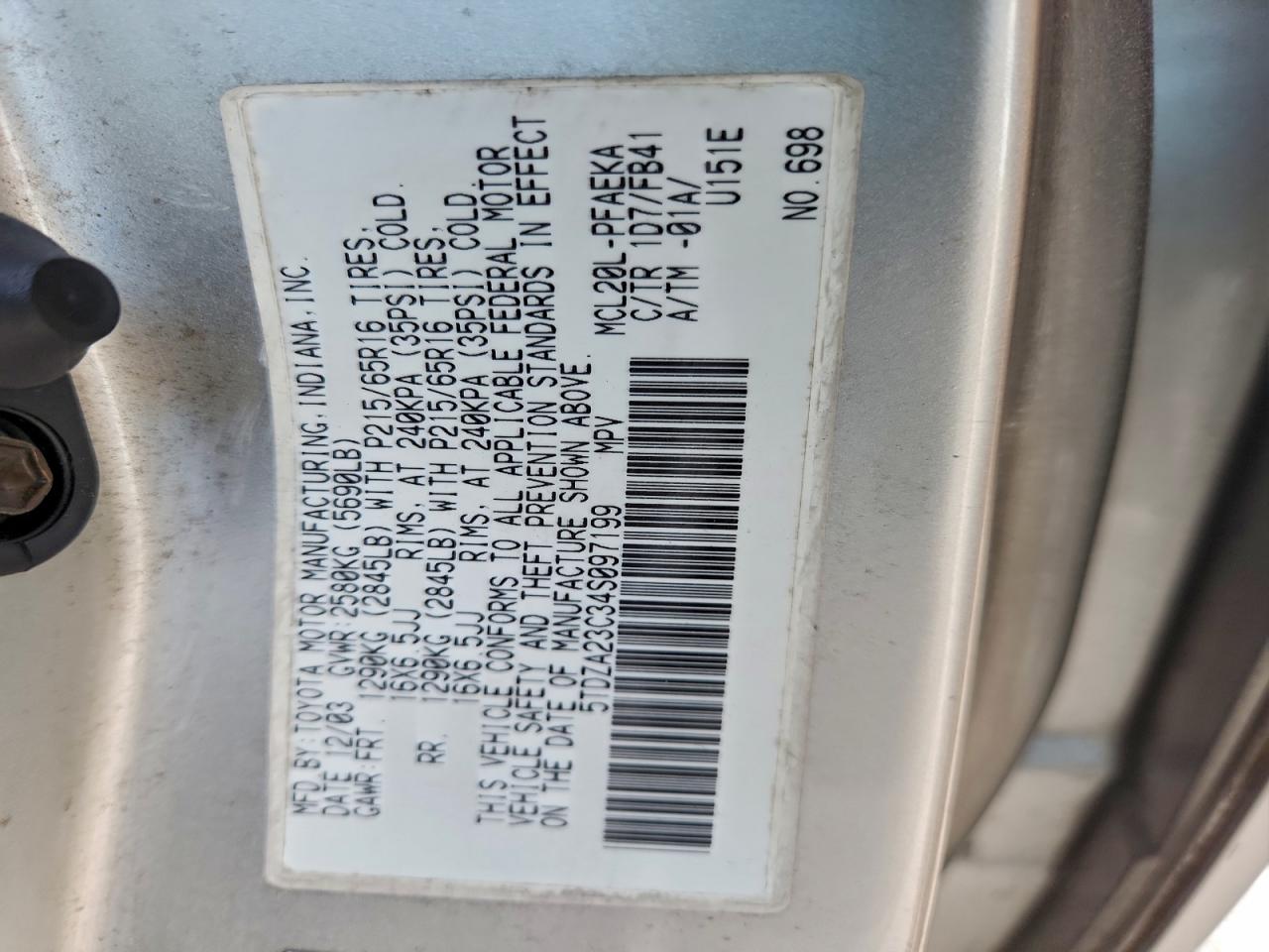 2004 Toyota Sienna Ce VIN: 5TDZA23C34S097199 Lot: 94516965