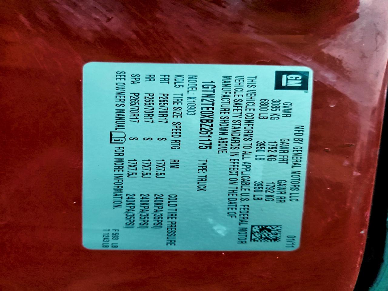 2011 GMC Sierra K1500 VIN: 1GTN2TE0XBZ261175 Lot: 94576275