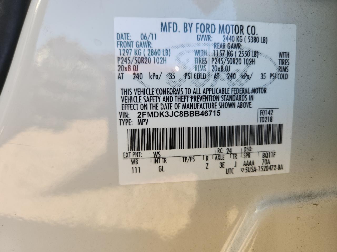 2011 Ford Edge Sel VIN: 2FMDK3JC8BBB46715 Lot: 92656805