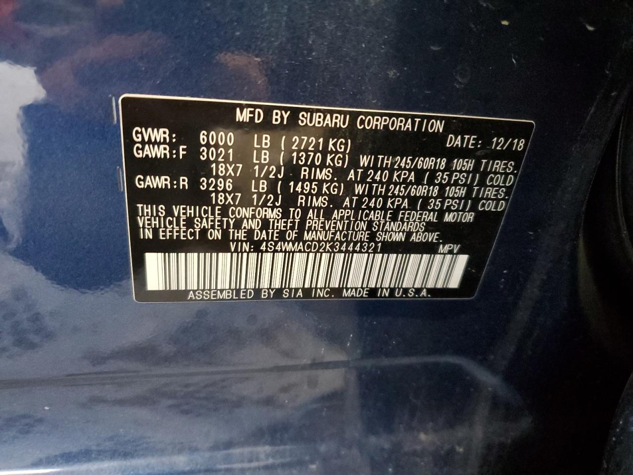 2019 Subaru Ascent Premium VIN: 4S4WMACD2K3444321 Lot: 92206825