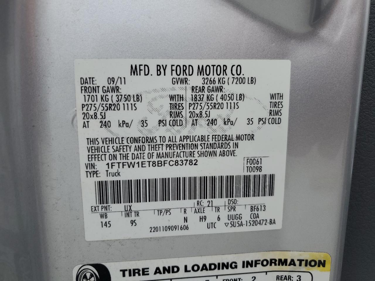 2011 Ford F150 Supercrew VIN: 1FTFW1ET8BFC83782 Lot: 92001815