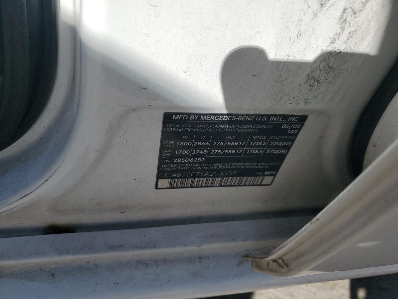 2000 Mercedes-Benz Ml 430 VIN: 4JGAB72E7YA203355 Lot: 92293515