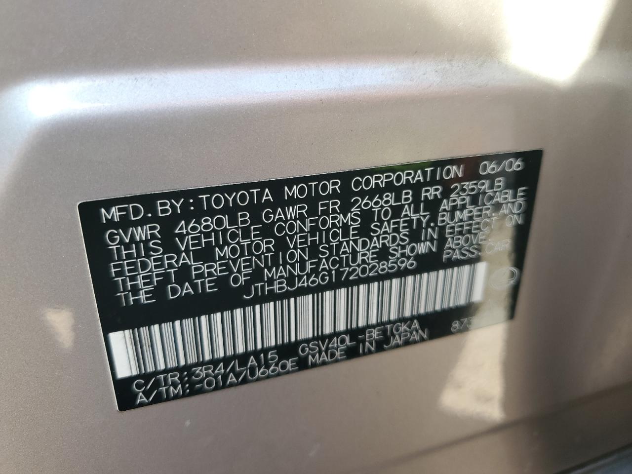 2007 Lexus Es 350 VIN: JTHBJ46G172028596 Lot: 91712785