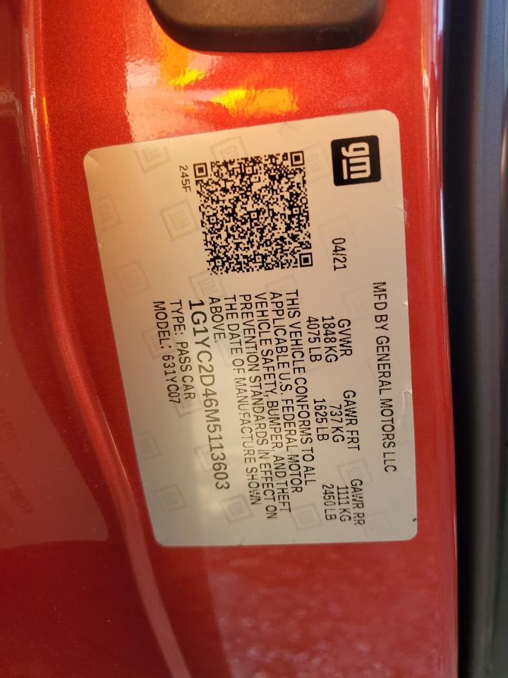 2021 Chevrolet Corvette Stingray 3Lt VIN: 1G1YC2D46M5113603 Lot: 92724315