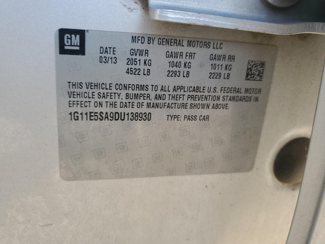 2013 Chevrolet Malibu 2Lt VIN: 1G11E5SA9DU138930 Lot: 93523165