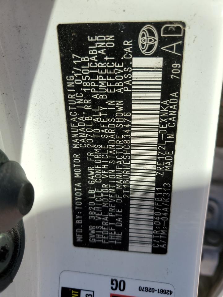 2017 Toyota Corolla L VIN: 2T1BURHE5HC834476 Lot: 92929765