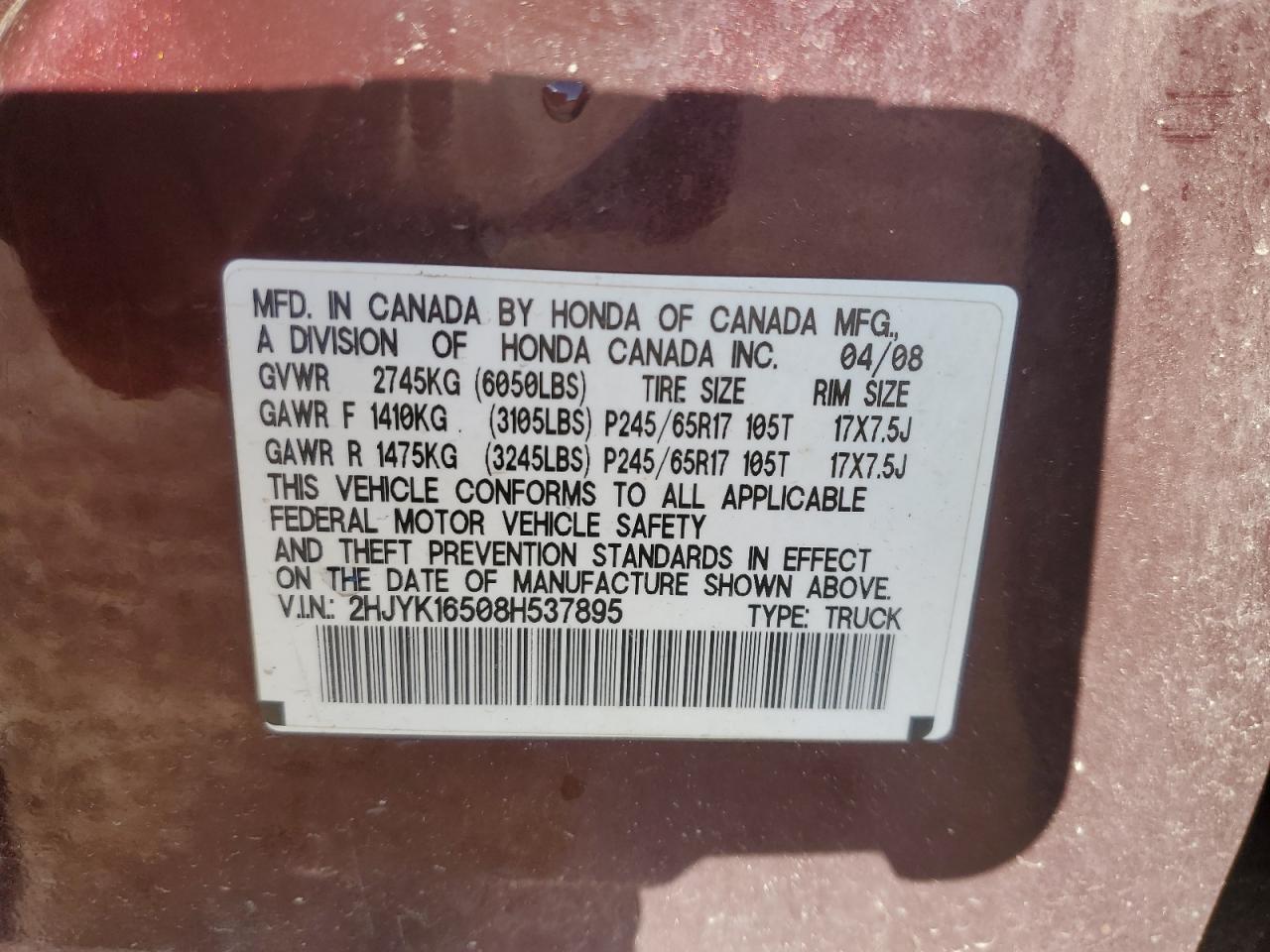 2008 Honda Ridgeline Rtl VIN: 2HJYK16508H537895 Lot: 90511065