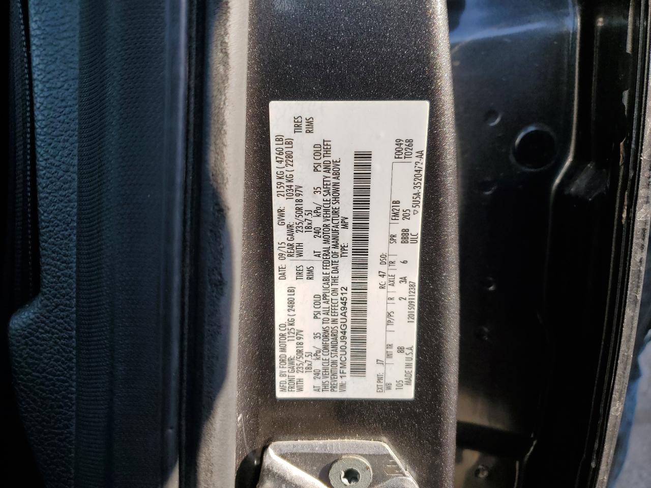 2016 Ford Escape Titanium VIN: 1FMCU0J94GUA94512 Lot: 93064085