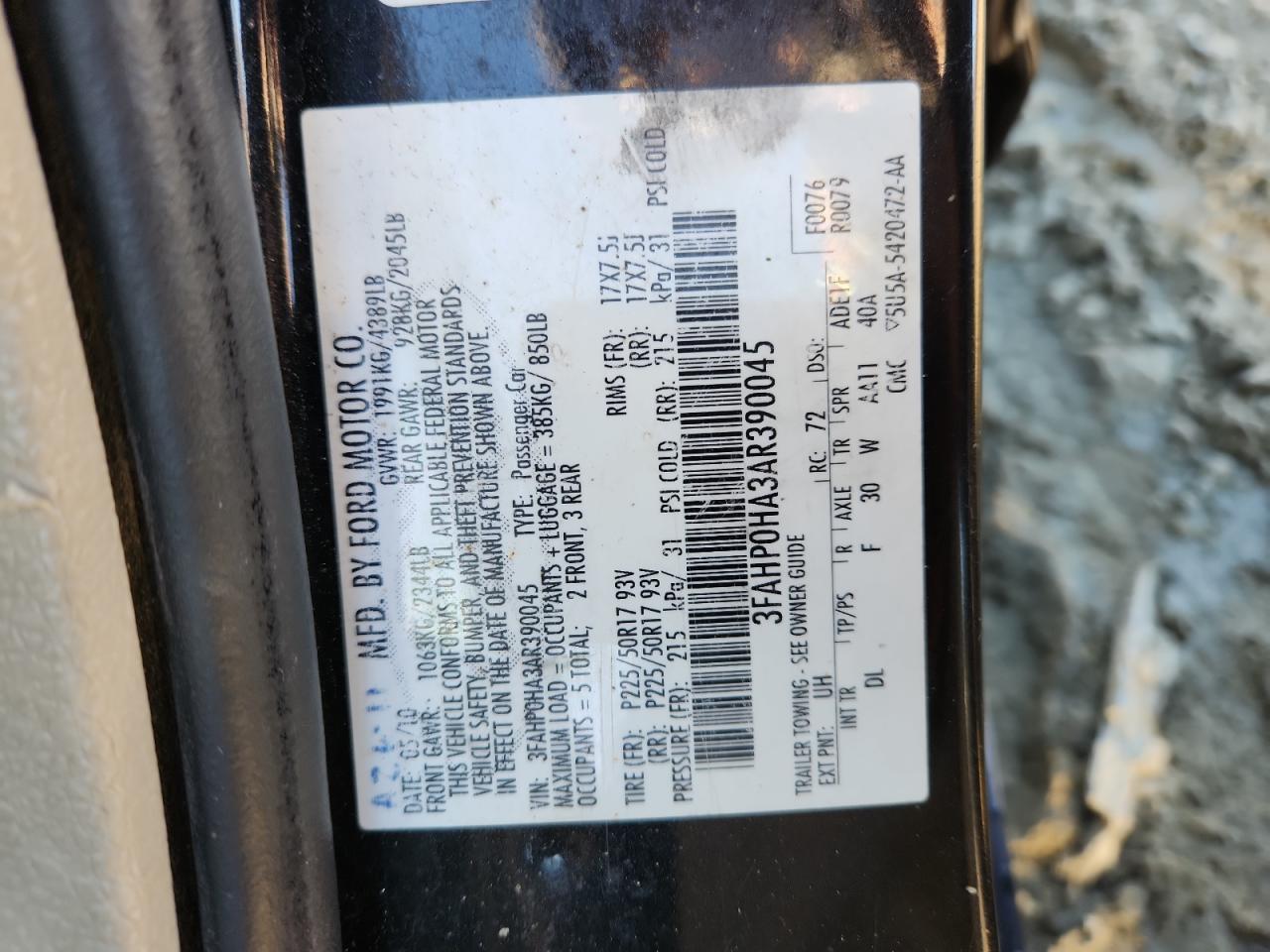 2010 Ford Fusion Se VIN: 3FAHP0HA3AR390045 Lot: 87484385