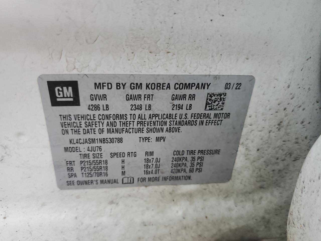 2022 Buick Encore Preferred VIN: KL4CJASM1NB530788 Lot: 92886035