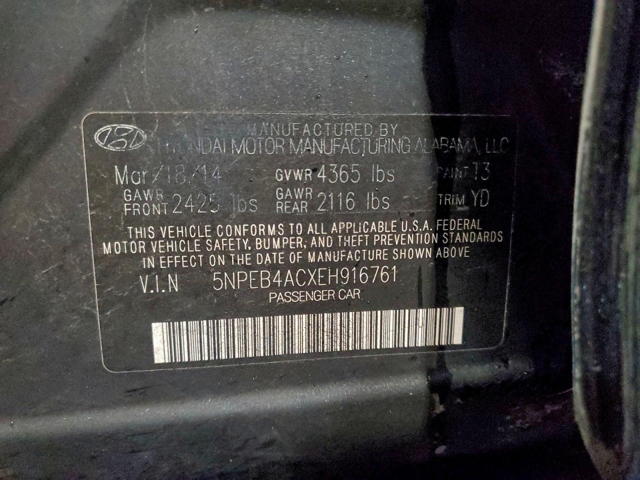 2014 Hyundai Sonata Gls VIN: 5NPEB4ACXEH916761 Lot: 93990375