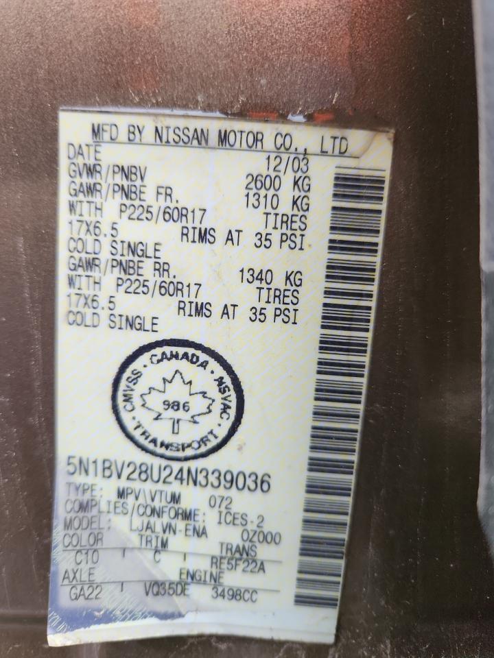 2004 Nissan Quest S VIN: 5N1BV28U24N339036 Lot: 93119325