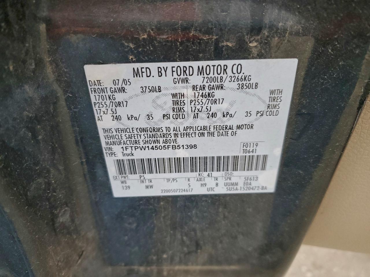 2005 Ford F150 Supercrew VIN: 1FTPW14505FB51398 Lot: 94164195