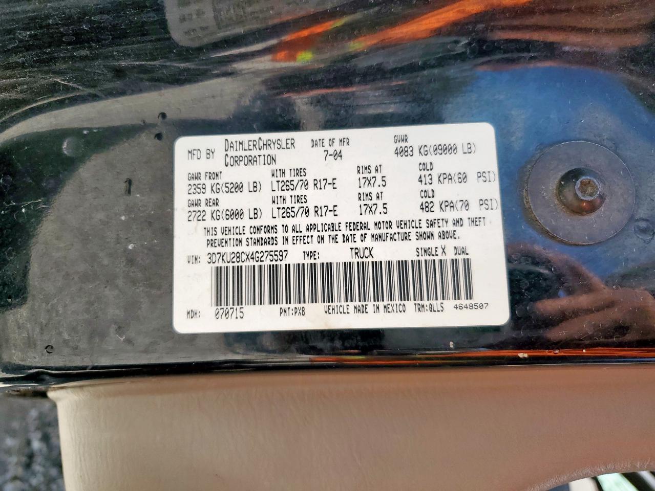 2004 Dodge Ram 2500 St VIN: 3D7KU28CX4G275597 Lot: 91412445