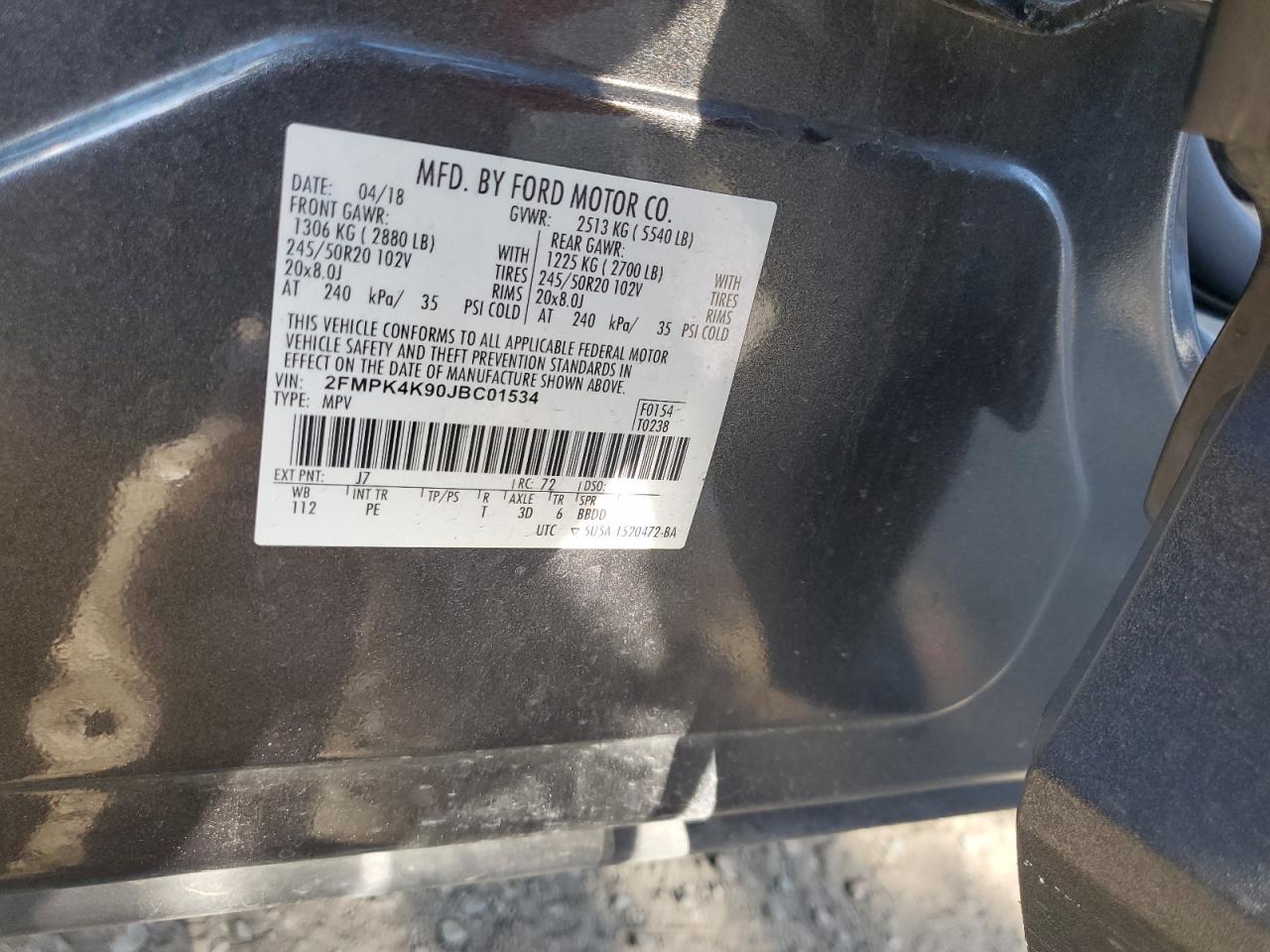 2018 Ford Edge Titanium VIN: 2FMPK4K90JBC01534 Lot: 92119865