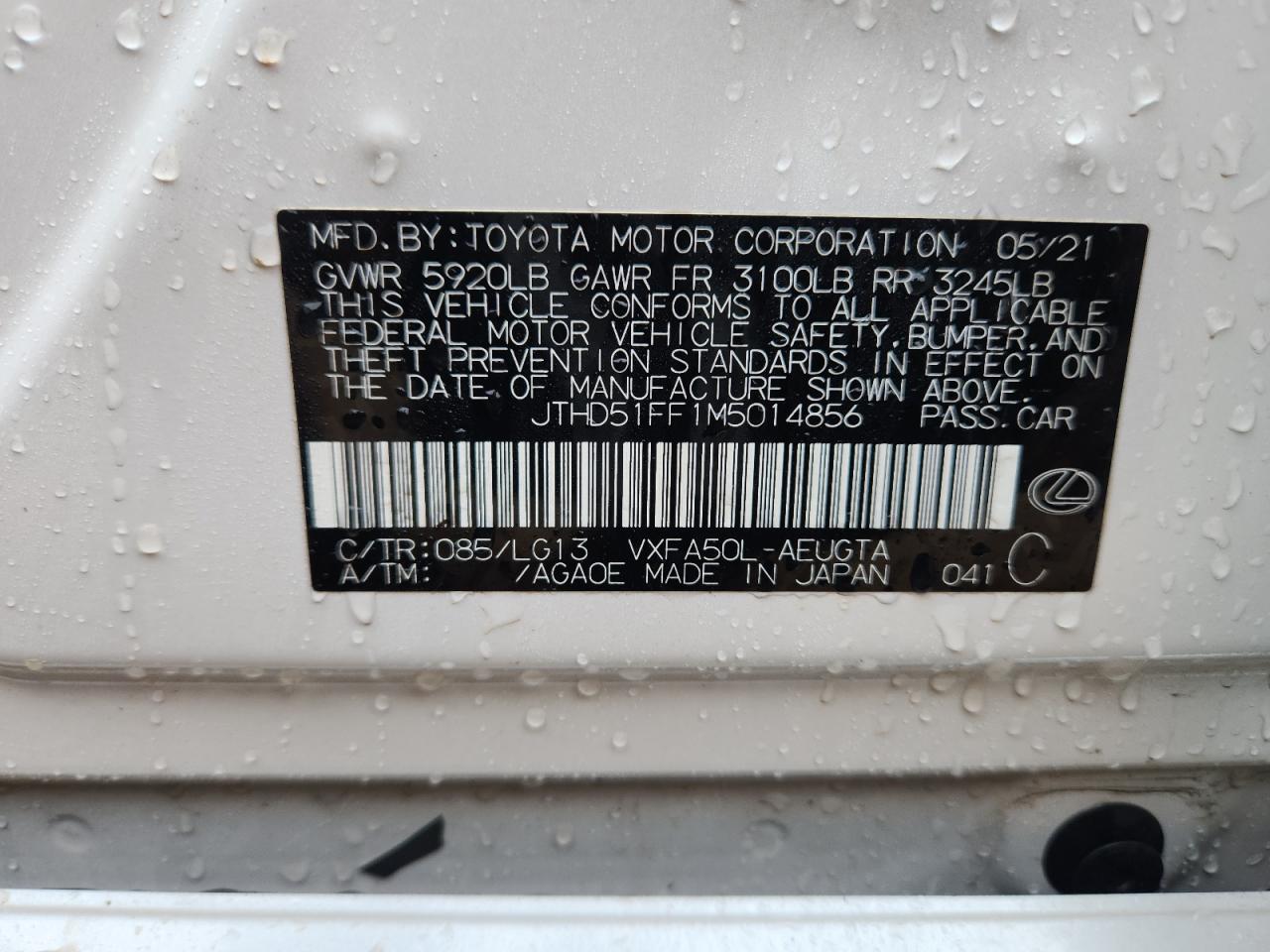 2021 Lexus Ls 500 Base VIN: JTHD51FF1M5014856 Lot: 93317115