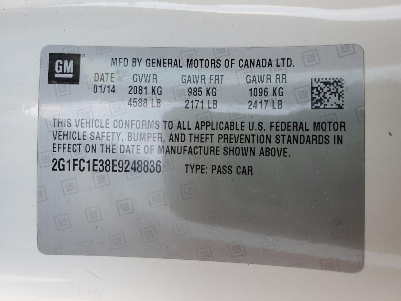 2014 Chevrolet Camaro Lt VIN: 2G1FC1E38E9248836 Lot: 93674055