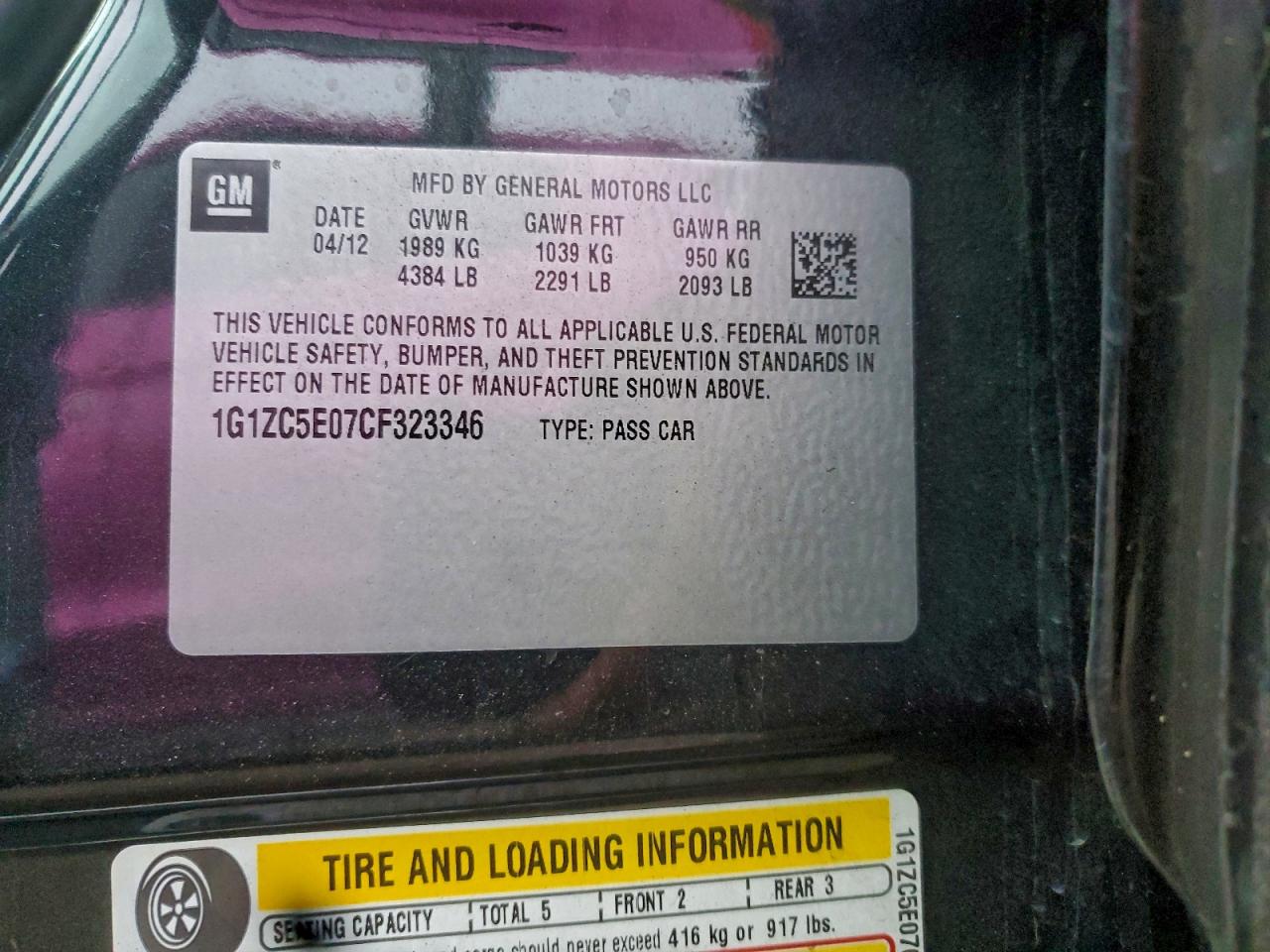 2012 Chevrolet Malibu 1Lt VIN: 1G1ZC5E07CF323346 Lot: 94034185