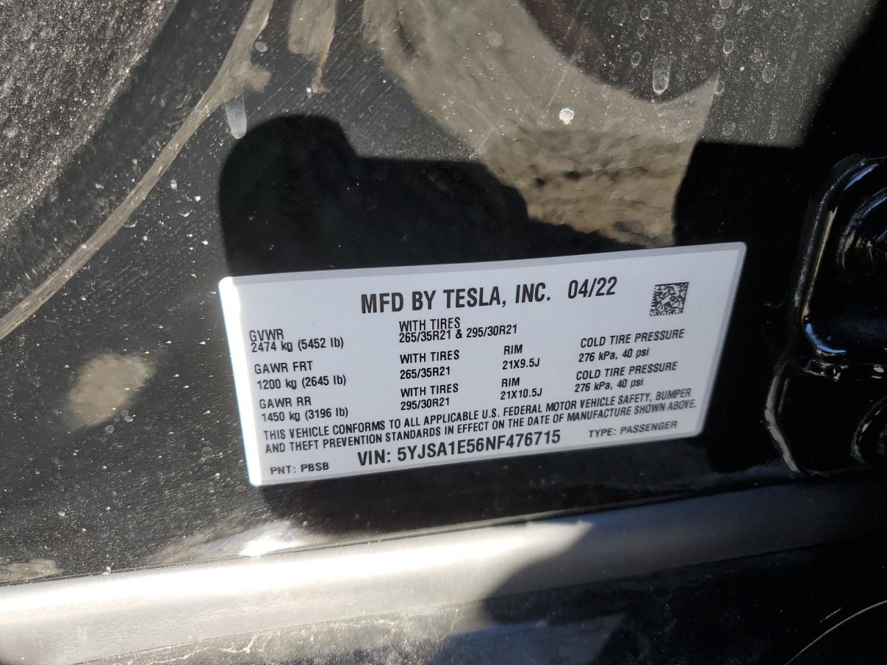 2022 Tesla Model S VIN: 5YJSA1E56NF476715 Lot: 93335045