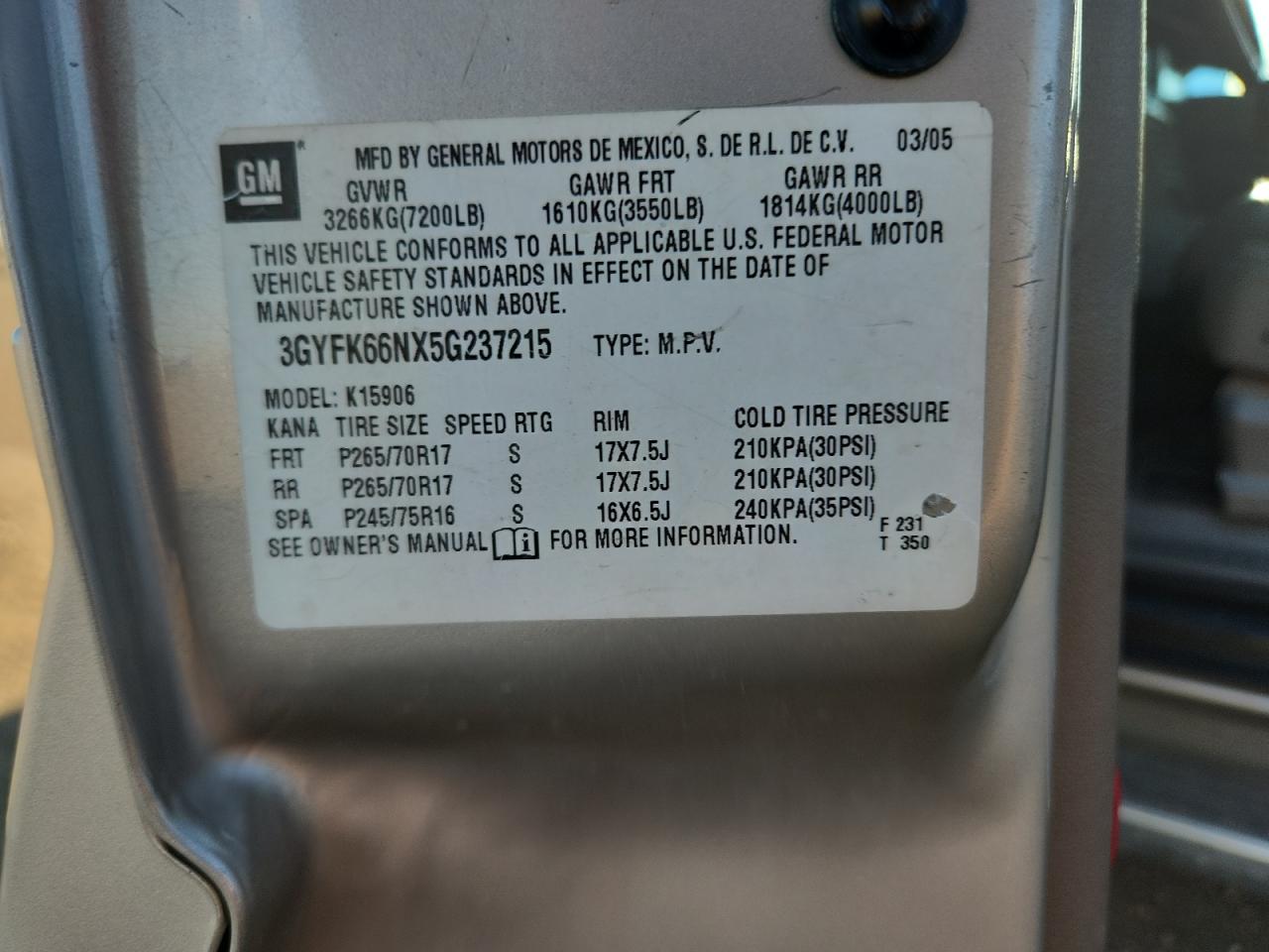 2005 Cadillac Escalade Esv VIN: 3GYFK66NX5G237215 Lot: 91822195