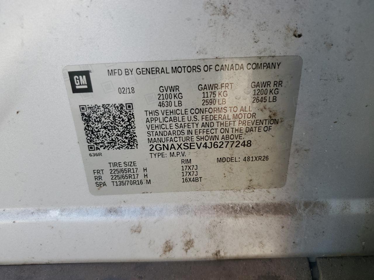 2018 Chevrolet Equinox Lt VIN: 2GNAXSEV4J6277248 Lot: 92573965