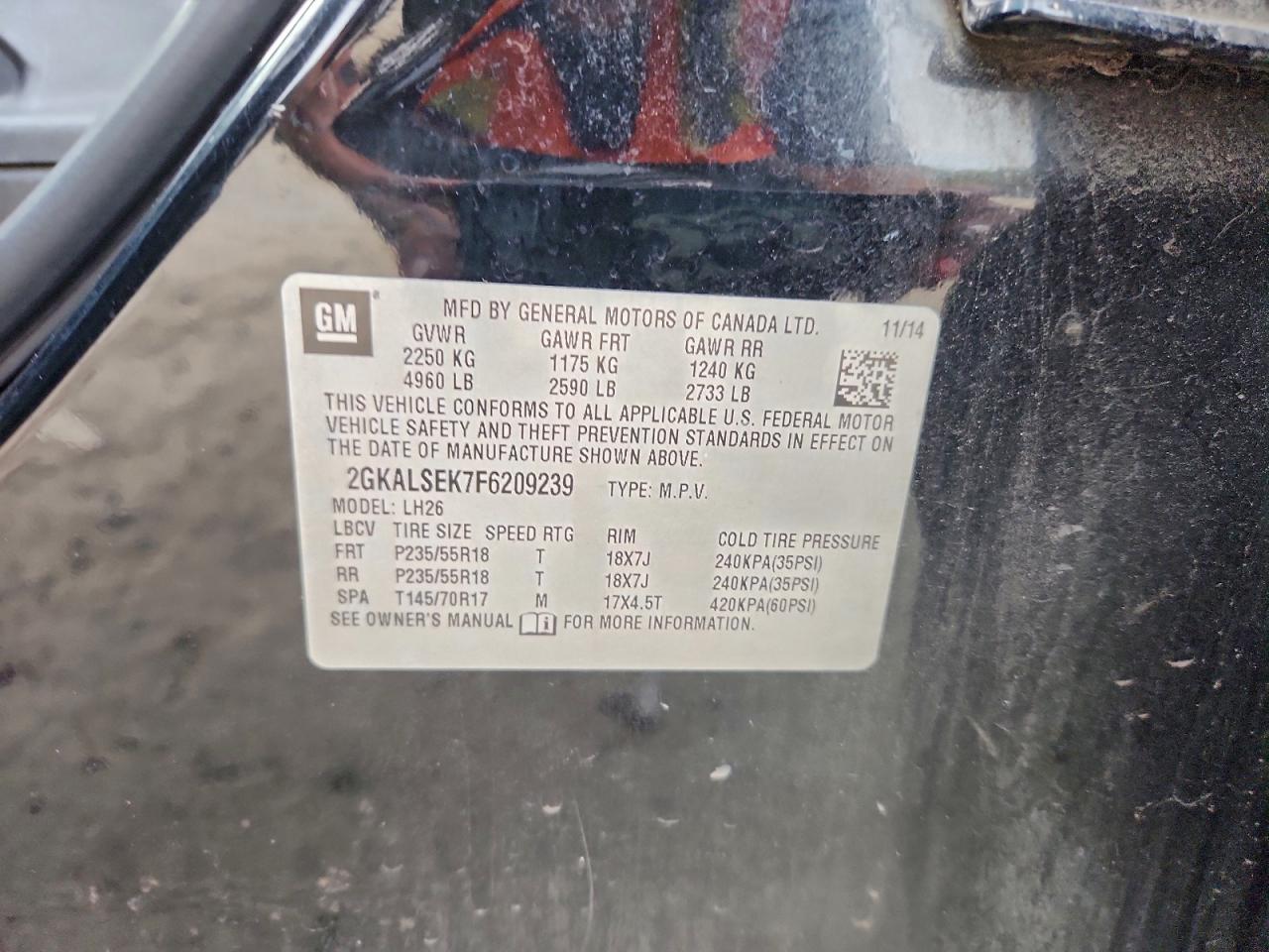 2015 GMC Terrain Slt VIN: 2GKALSEK7F6209239 Lot: 93737005