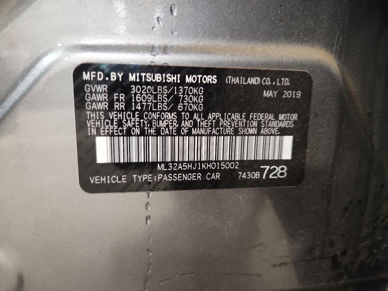 2019 Mitsubishi Mirage Le VIN: ML32A5HJ1KH015002 Lot: 93231125