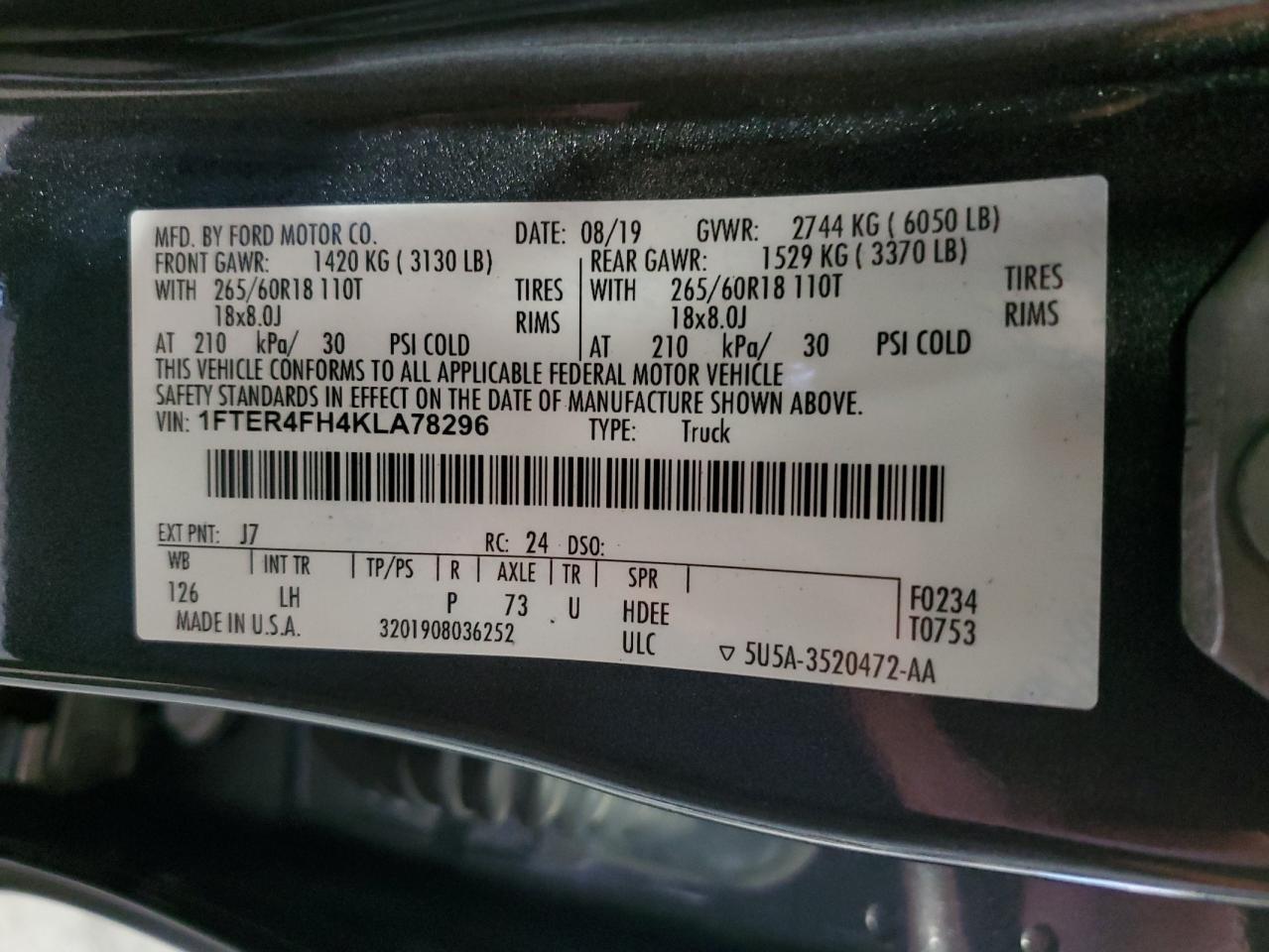 2019 Ford Ranger Xl VIN: 1FTER4FH4KLA78296 Lot: 91765865