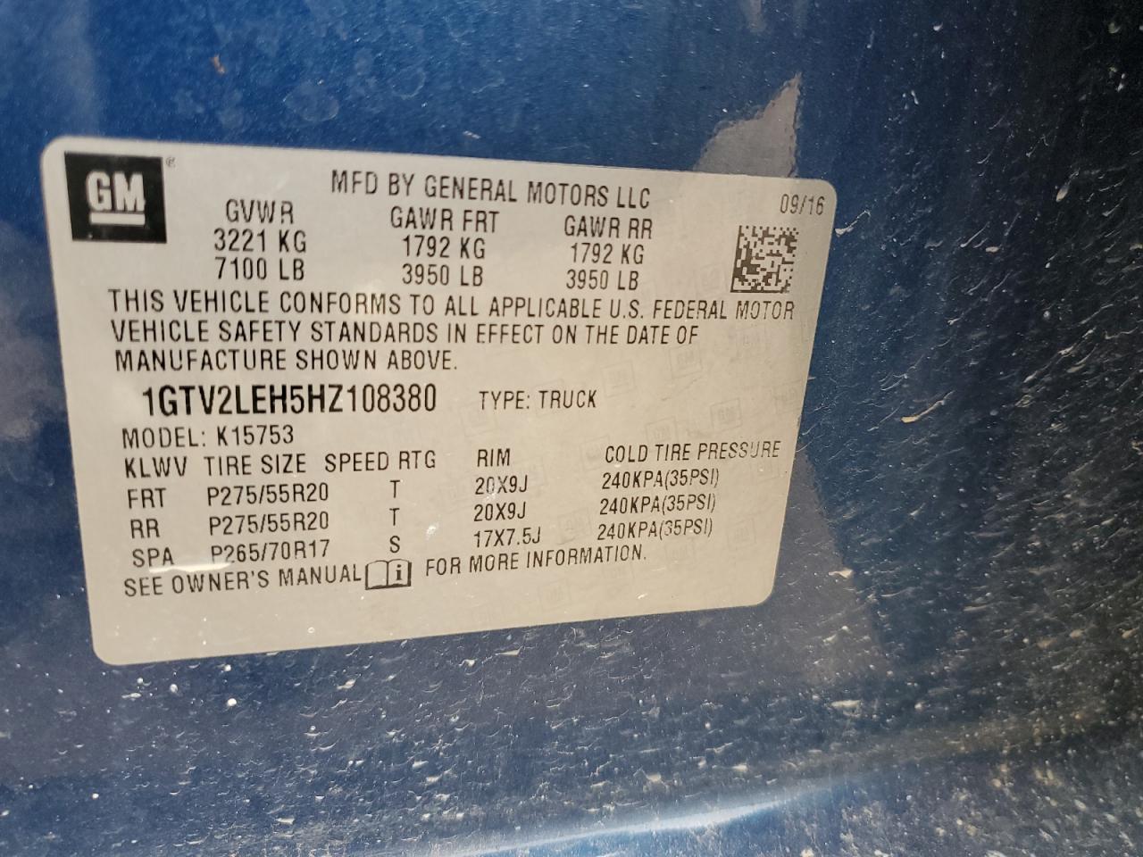 2017 GMC Sierra K1500 VIN: 1GTV2LEH5HZ108380 Lot: 91550215