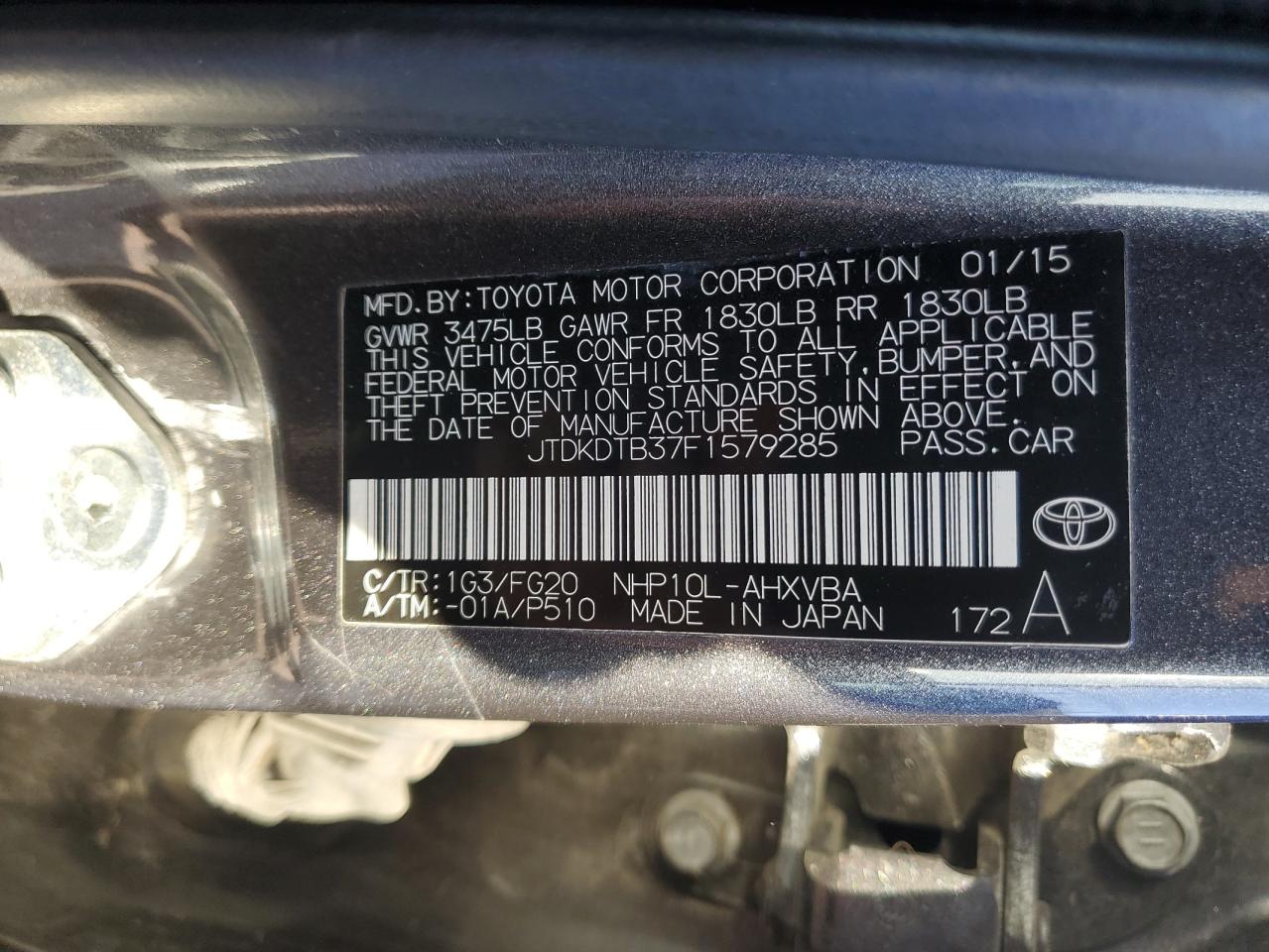 2015 Toyota Prius C VIN: JTDKDTB37F1579285 Lot: 92477975