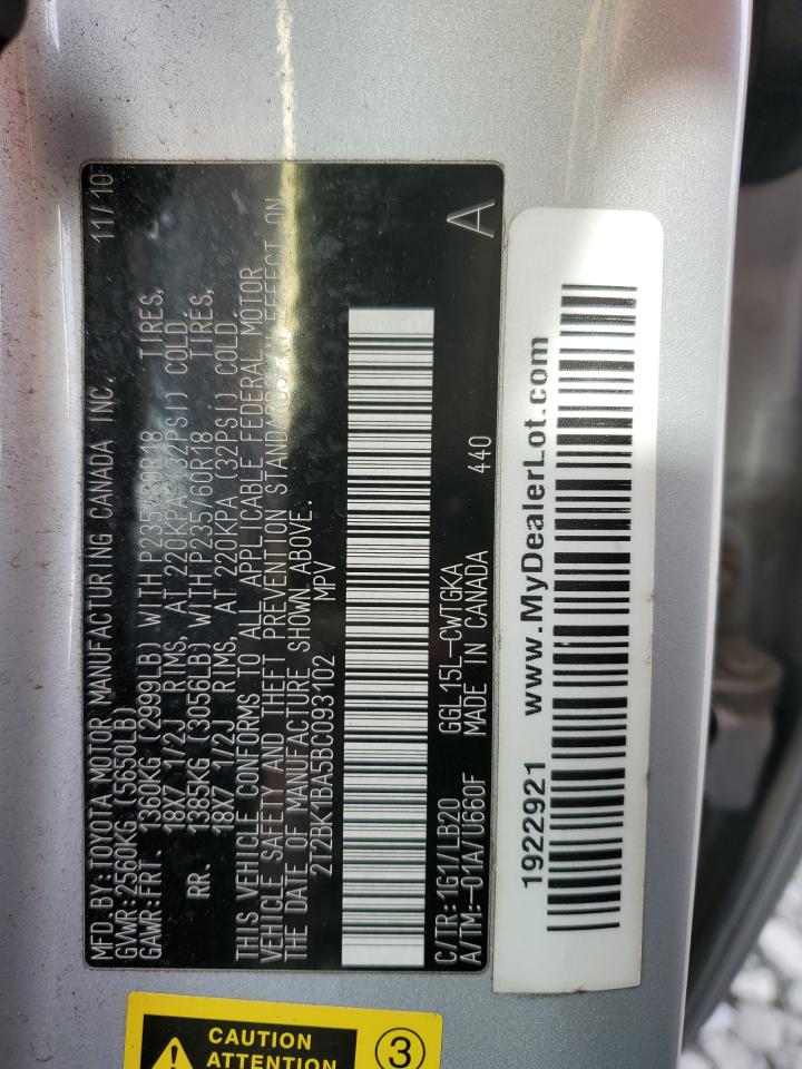 2011 Lexus Rx 350 VIN: 2T2BK1BA5BC093102 Lot: 93050705