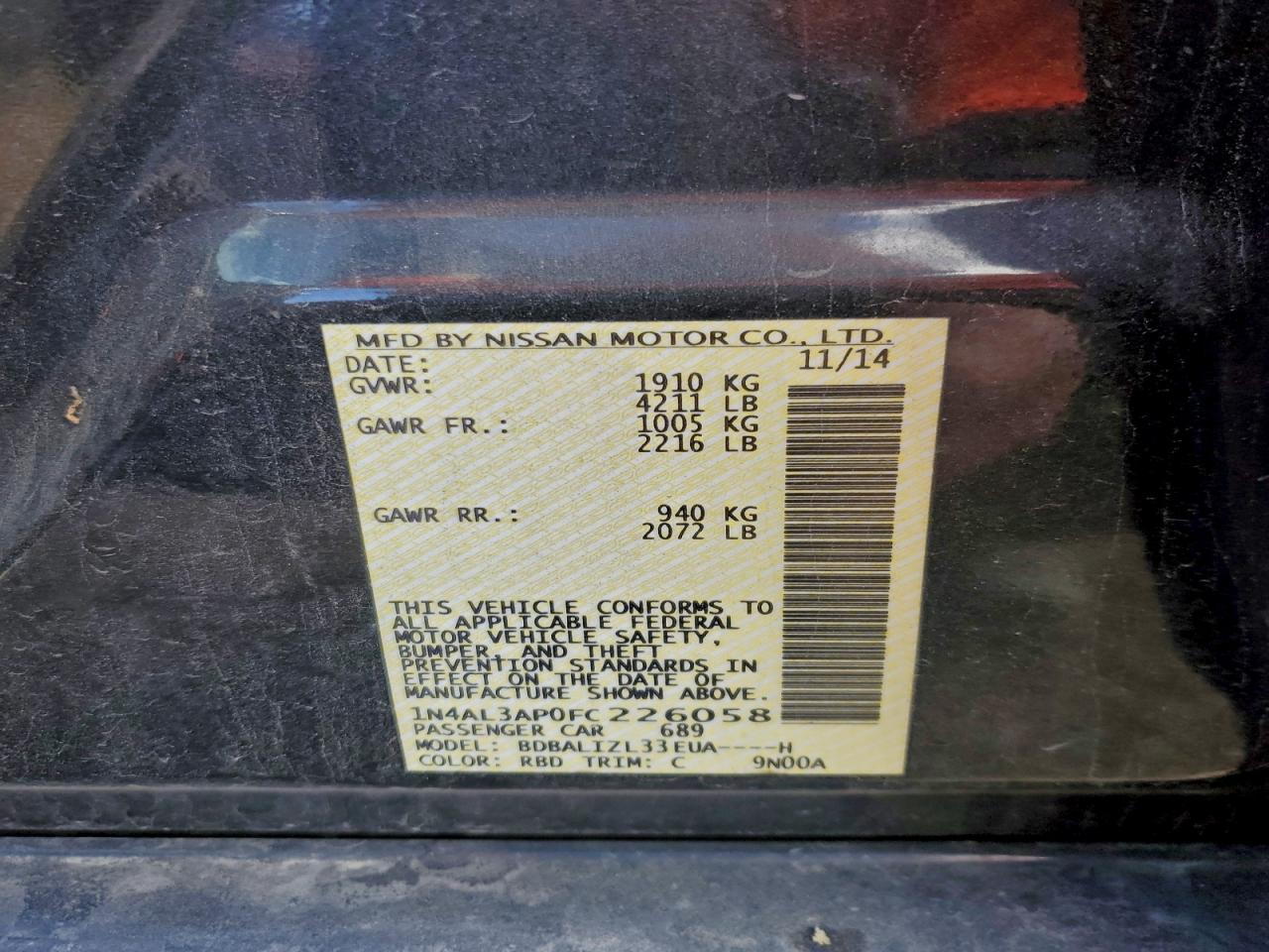 2015 Nissan Altima 2.5 VIN: 1N4AL3AP0FC226058 Lot: 94637715