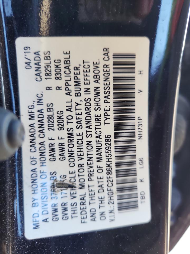 2019 Honda Civic Sport VIN: 2HGFC2F86KH559286 Lot: 93326135