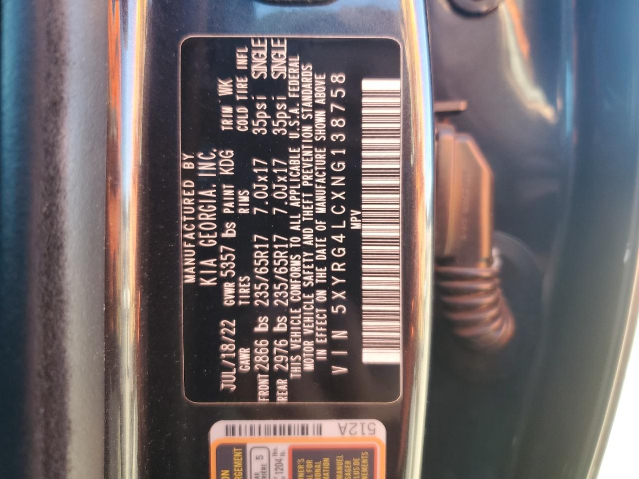 2022 Kia Sorento Lx VIN: 5XYRG4LCXNG138758 Lot: 91944115