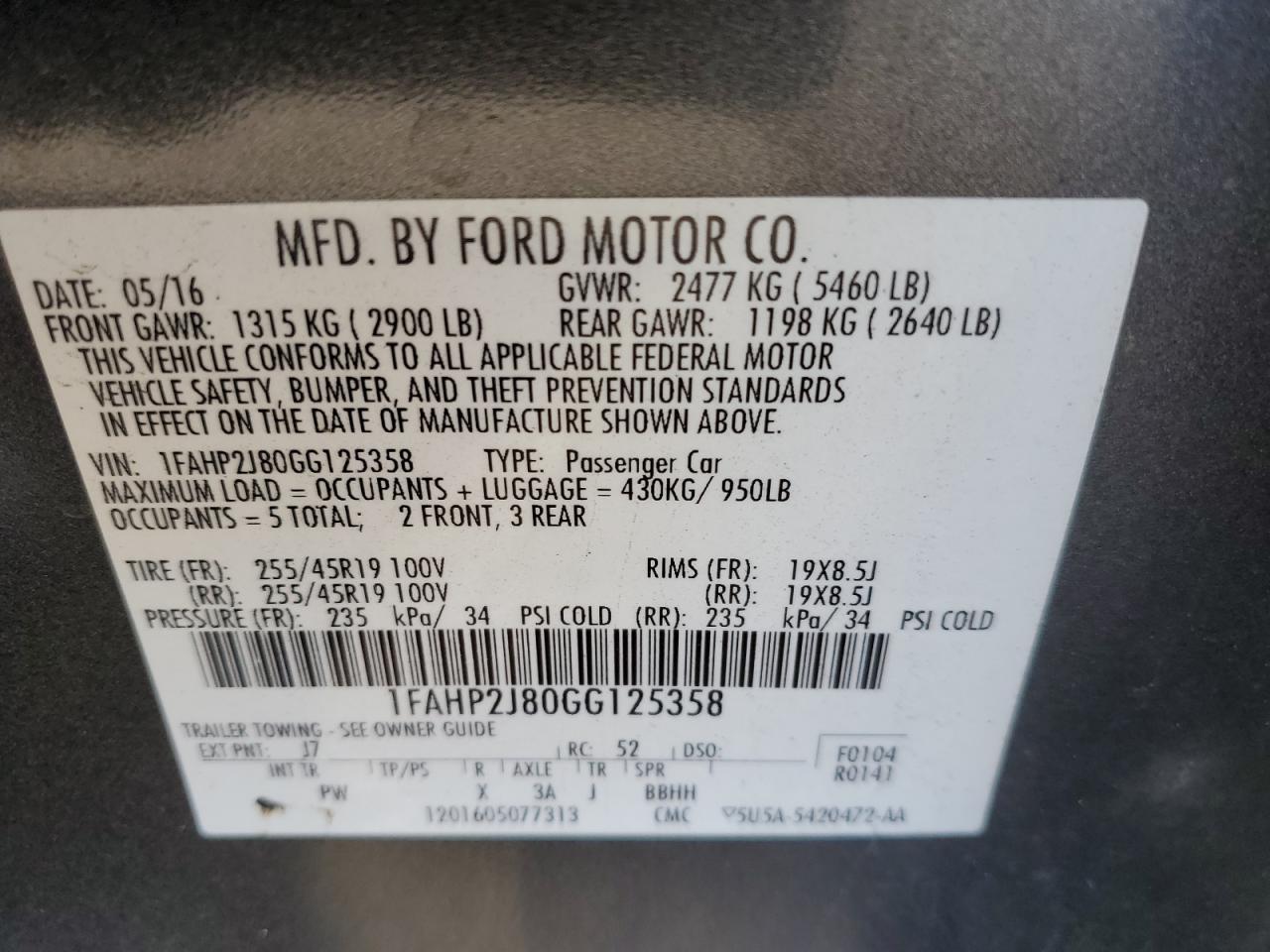 2016 Ford Taurus Limited VIN: 1FAHP2J80GG125358 Lot: 91477055