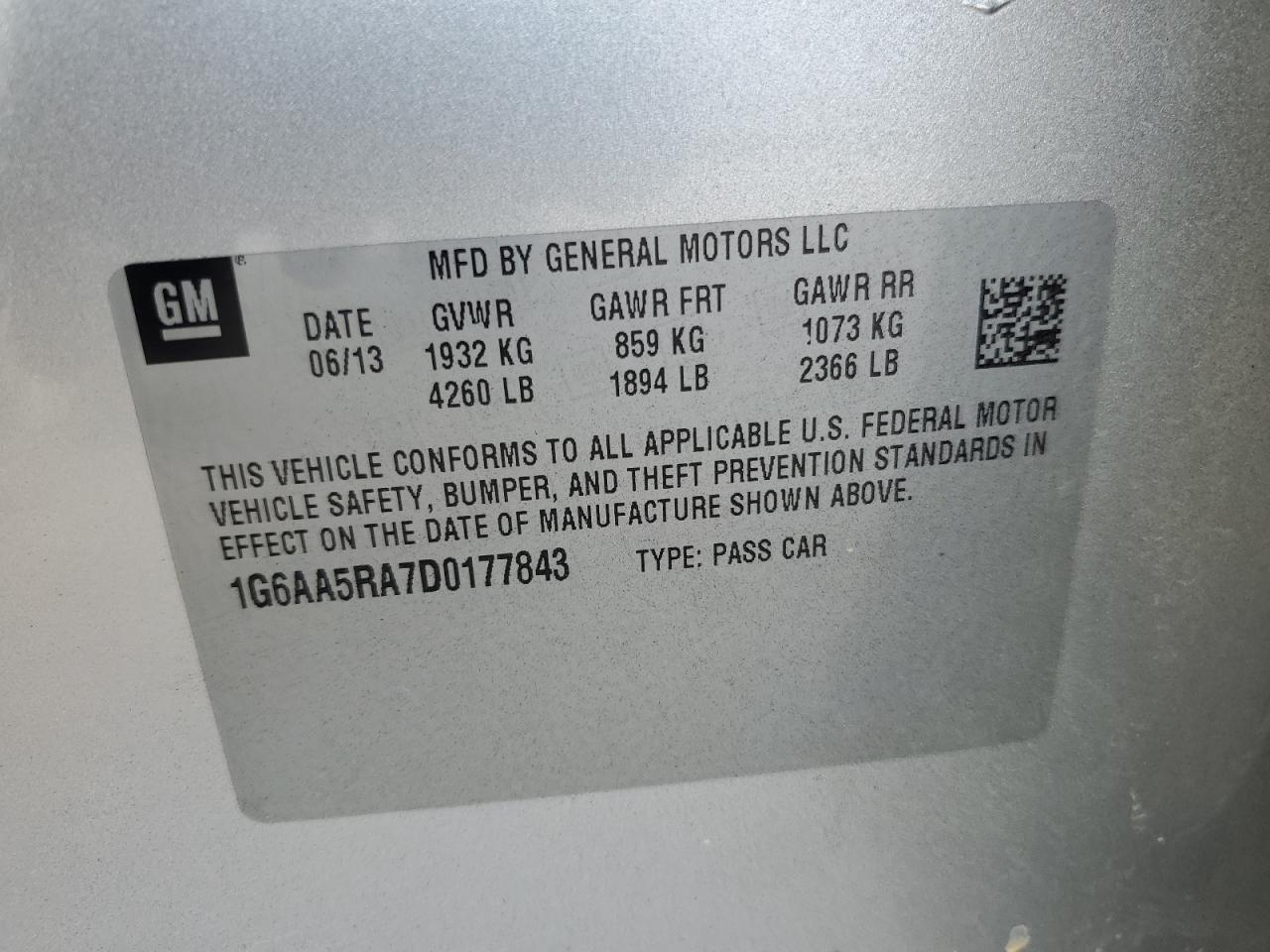 2013 Cadillac Ats VIN: 1G6AA5RA7D0177843 Lot: 93433505