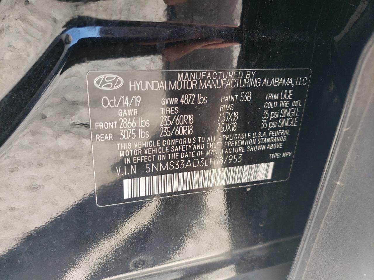 2020 Hyundai Santa Fe Sel VIN: 5NMS33AD3LH187953 Lot: 92361855