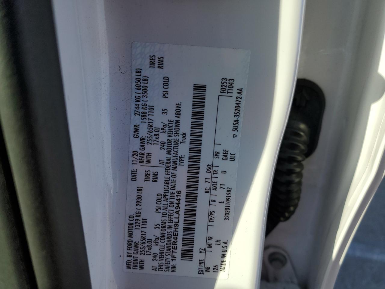 2020 Ford Ranger Xl VIN: 1FTER4EH9LLA94416 Lot: 90759595